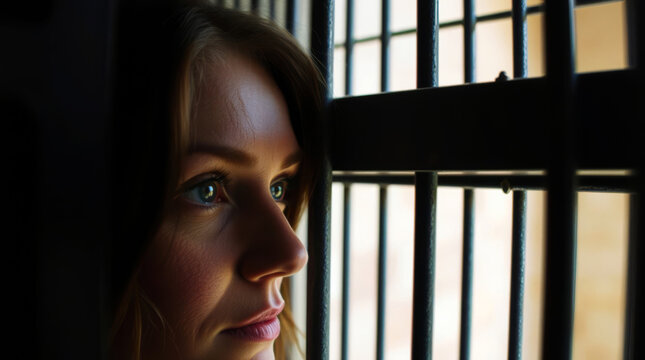 A woman in prison looks hopefully at the bars on her cell window.