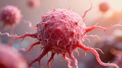 A microscope view cancer cell tumor pink macro 3d render biology medical disease health dramatic focus spiky cell structure soft light scientific concept research urgency hope oncology microscopy