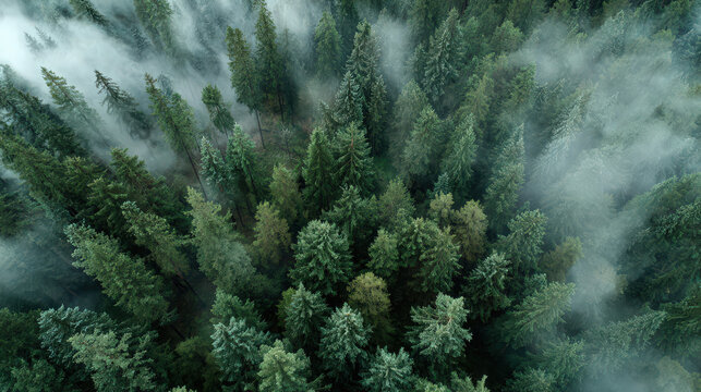bird's eye view of foggy pine forest canopy
