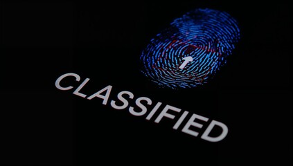 Displaying fingerprint graphic on dark screen, with white arrow and CLASSIFIED label