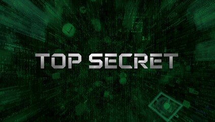 Displaying metallic TOP SECRET text sliding through digital data tunnel, with streaming binary code