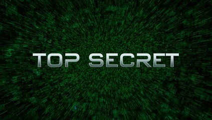 Displaying metallic TOP SECRET text floating in data tunnel, with green binary streams and blocks