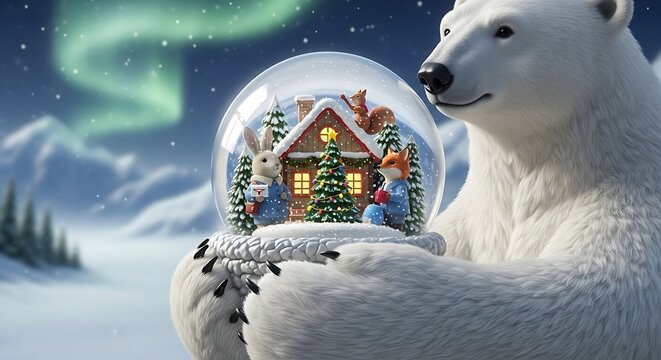 Polar bear holding snow globe with winter scene and aurora borealis