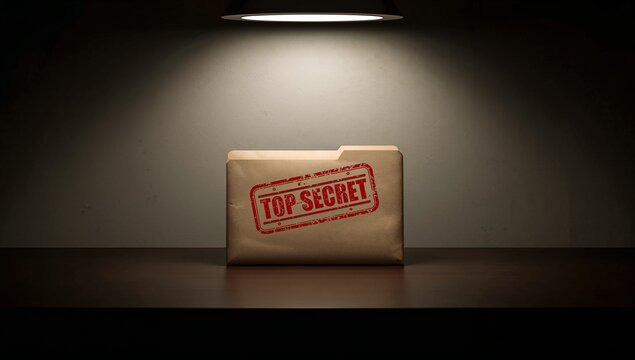 Sitting manila file folder bearing red TOP SECRET stamp atop wooden table in archive under lamp