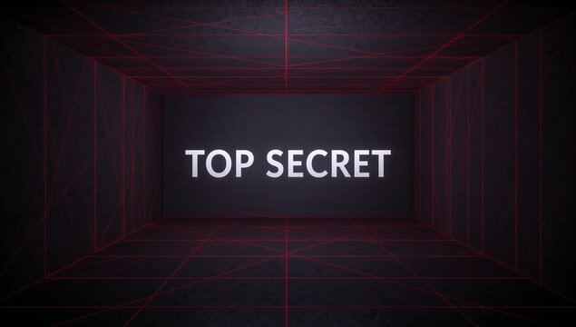 Glowing bold TOP SECRET lettering drawing focus in dim enclosed chamber, with red grid lines