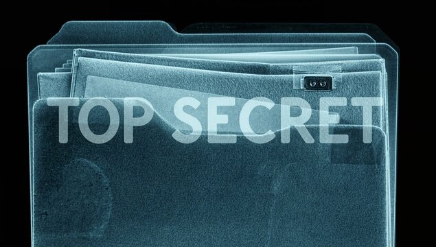 Showing X-ray folders with visible papers and metal fastener on black backdrop, TOP SECRET - Powered by Adobe
