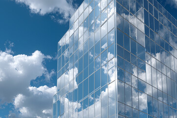 Modern glass and steel building reflecting clouds in blue sky during daytime