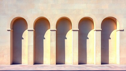 A repeating pattern of five arched alcoves set into a light-colored stone wall. Strong sunlight casts deep, angular shadows across the arches and columns, creat