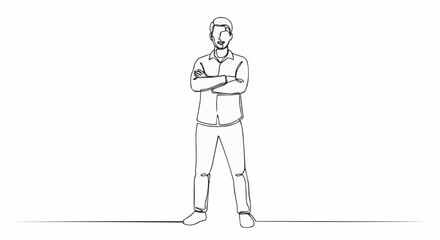 Man Standing Confidently With Arms Crossed Simple Line Drawing.