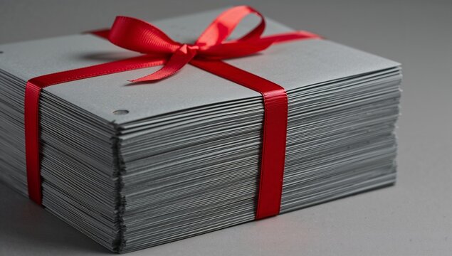 Displaying grey card stack wrapped in red satin ribbon with bow on neutral tabletop, punched hole