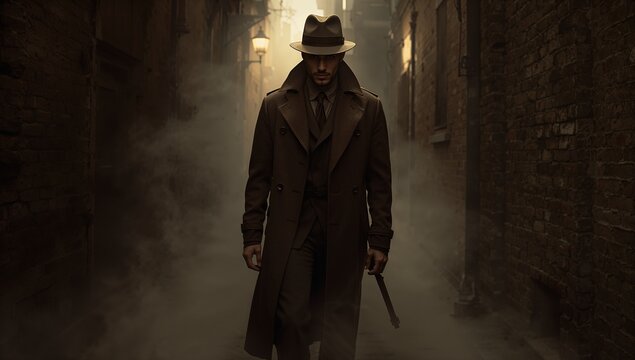 Walking man in fedora, trench coat and suit with tie down foggy brick alley, holding cane