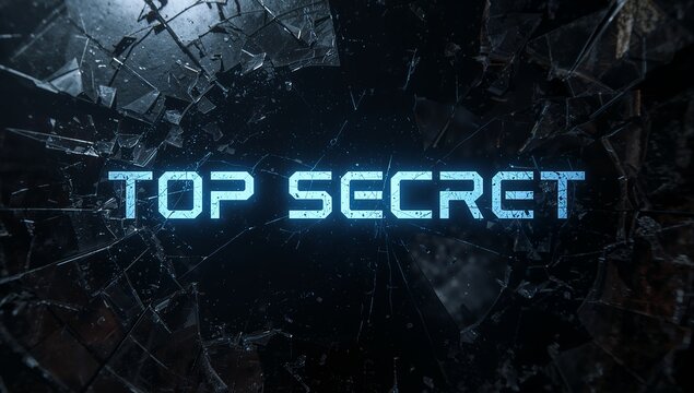 Glowing cyan TOP SECRET text shining through shattered glass in dark void, with radial cracks