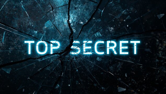 Displaying glowing TOP SECRET text through broken glass on dark backdrop, central impact cracks