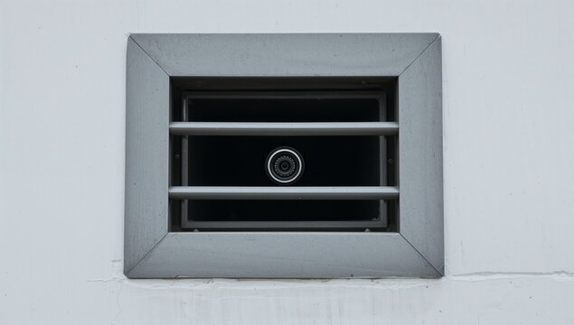 Displaying rectangular metal vent with horizontal bars and centered security camera on painted wall - Powered by Adobe