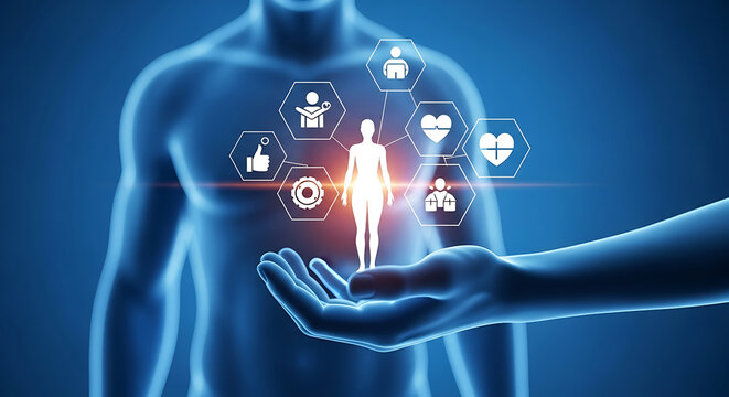 Human body outline with health icons in hexagons held by open hand on blue background medical
