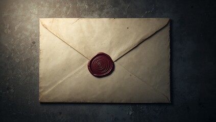 Lying sealed parchment envelope on stone table showing dark red spiral wax seal, creases left light