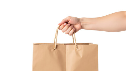 Hand holds brown paper shopping bag, showcasing simple and eco friendly design. image conveys sense of shopping and sustainability