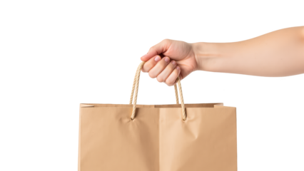 Hand holds brown paper shopping bag, showcasing simple and eco friendly design. image conveys sense of shopping and sustainability