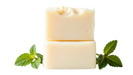 Natural soap bars stacked with fresh green leaves, showcasing clean and organic aesthetic. Perfect for skincare enthusiasts