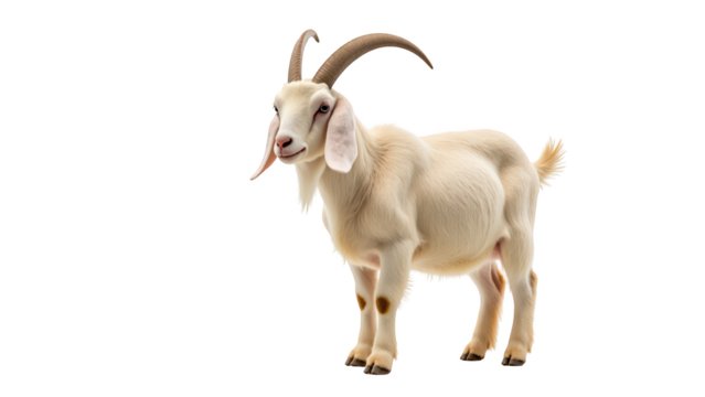 Realistic goat with curved horns stands confidently, showcasing its soft white fur and playful demeanor. This charming animal embodies sense