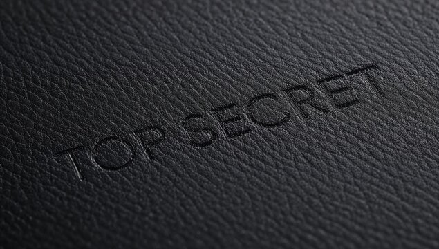 Highlighting embossed TOP SECRET lettering on black pebbled leather cover in studio, reflections - Powered by Adobe