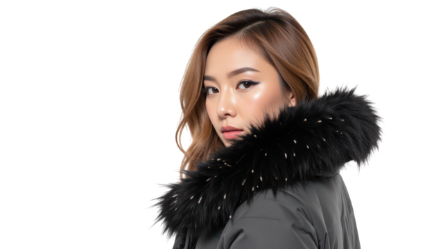 Stylish woman with long hair wearing fashionable winter coat featuring fur collar, exuding confidence and elegance - Powered by Adobe