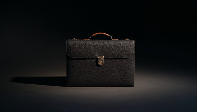 Presenting dark leather briefcase sitting on matte table under low-key lighting, showing brass lock - Powered by Adobe