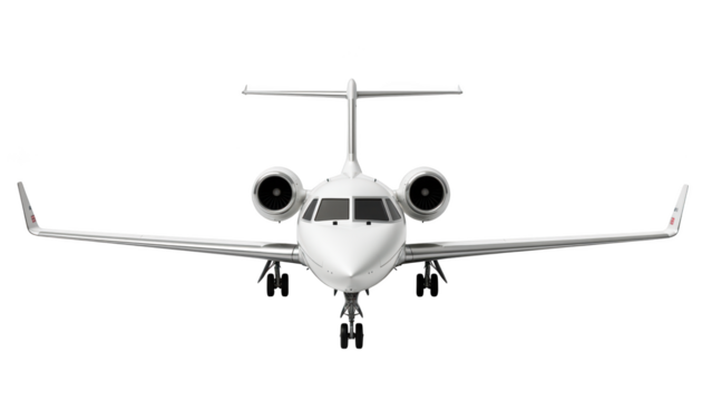 Sleek private jet with modern design, showcasing its front view and aerodynamic features, perfect for luxury travel enthusiasts