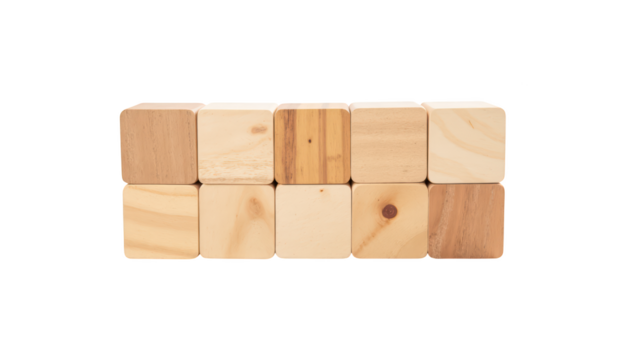 Natural wooden blocks arranged in row, showcasing various shades and textures. Perfect for educational play and creativity