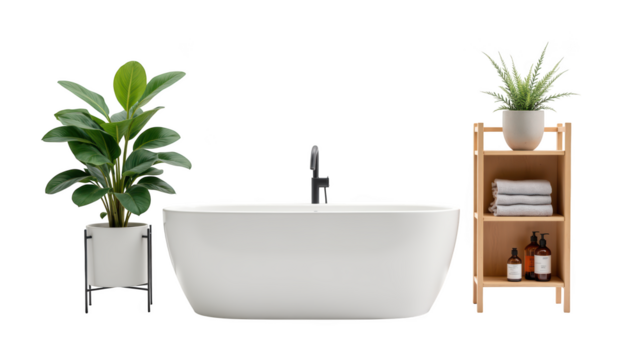 Modern bathroom scene featuring freestanding bathtub, potted plants, and wooden shelf with towels and toiletries, creating serene atmosphere