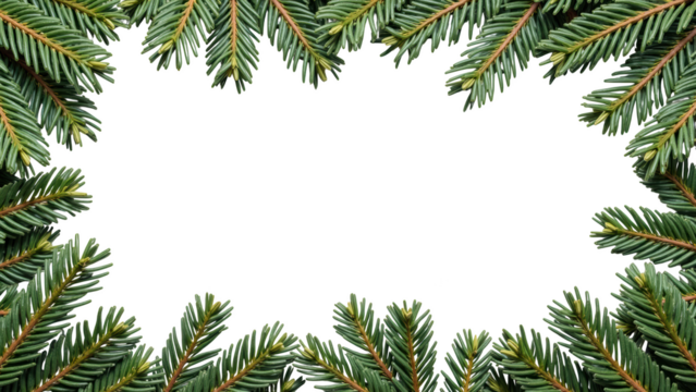 Fresh green pine branches create natural frame, perfect for holiday themes and seasonal decorations, evoking warmth and cheer