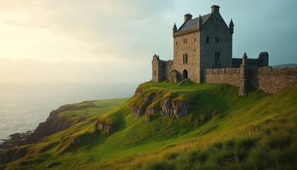 Ancient stone castle perched on green cliff edge overlooking calm sea. Historic architecture with stone walls and towers under soft sky. Rural landscape, distant hills, grass, coastal view.
