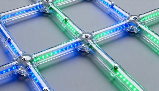 Showing modular grid of clear tubes with connector hubs, blue-green LEDs, metal screws on gray base - Powered by Adobe