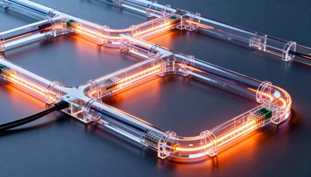 Glowing modular tubing grid resting on lab bench, with orange LED strips and central connector - Powered by Adobe