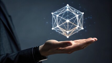 A hand holds a glowing geometric shape, symbolizing technology and innovation in a modern, abstract setting.