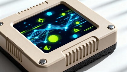 Showing compact beige tech device on white desk, with recessed touchscreen, neon network and vents