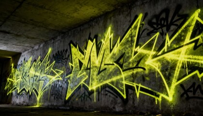 Spanning neon yellow graffiti mural glowing on underpass wall, showing black outlines, left opening