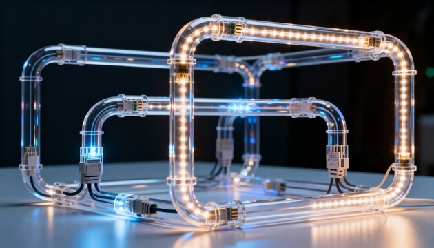 Glowing LED tube art forming linked loops on shiny table, with corner connectors and cables - Powered by Adobe