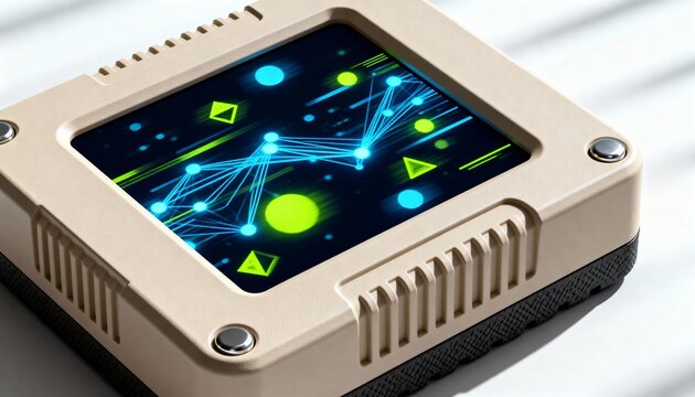 Showing compact beige tech device on white desk, with recessed touchscreen, neon network and vents