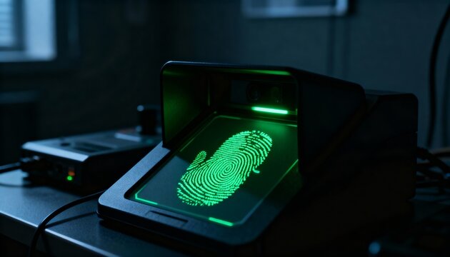 Displaying biometric scanner projecting neon-green print on desk in dim lab, with hood and cables