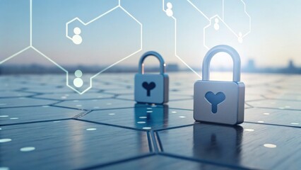Two digital locks on a futuristic surface, symbolizing cybersecurity and data protection, with network graphics in the background.