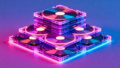 Glowing compact disc pyramid in jewel cases reflecting magenta cyan neon light on glossy tabletop
