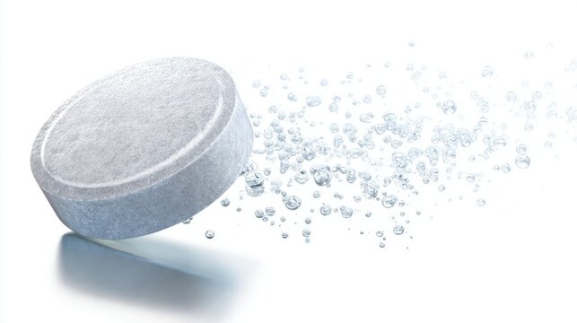 A white effervescent tablet dissolving in water, creating bubbles and foam. The scene is bright and clean, emphasizing the concept of health and wellness.