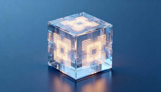 Glowing glass cube emitting warm orange circuit patterns on reflective blue tabletop, studio - Powered by Adobe