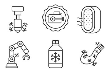 Cryo-Robotics Icons. Line style icons of cryo-robotics: frozen actuator icon, low-temp servo badge, thermal insulation shell,