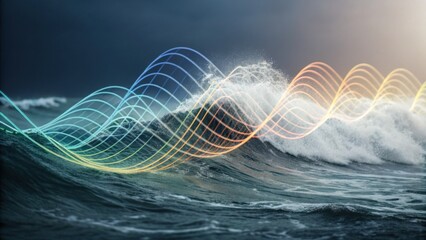 A stylized image of ocean waves with colorful, flowing lines overlaying the water, creating a dynamic and vibrant visual effect.