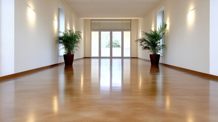 Fototapeta premium Empty hallway with polished wood floor calm minimal natural light