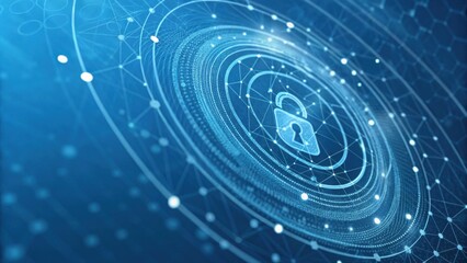 A futuristic digital design featuring a lock symbol amidst interconnected lines and nodes, representing cybersecurity and data protection.