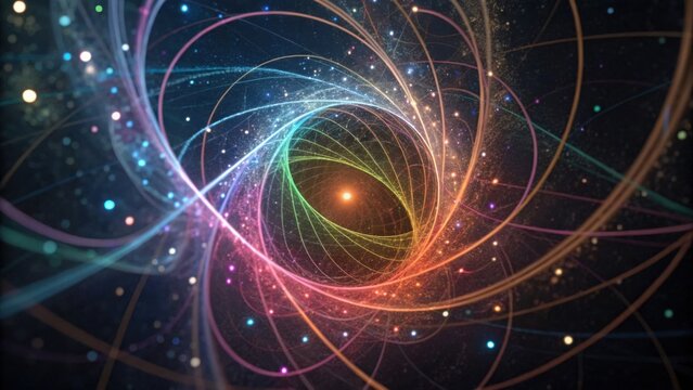 A vibrant, swirling digital artwork depicting a cosmic vortex of colorful lines and particles radiating from a central point.