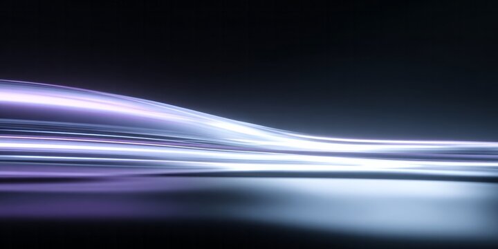 Abstract digital light streaks flow across a dark, reflective surface.
